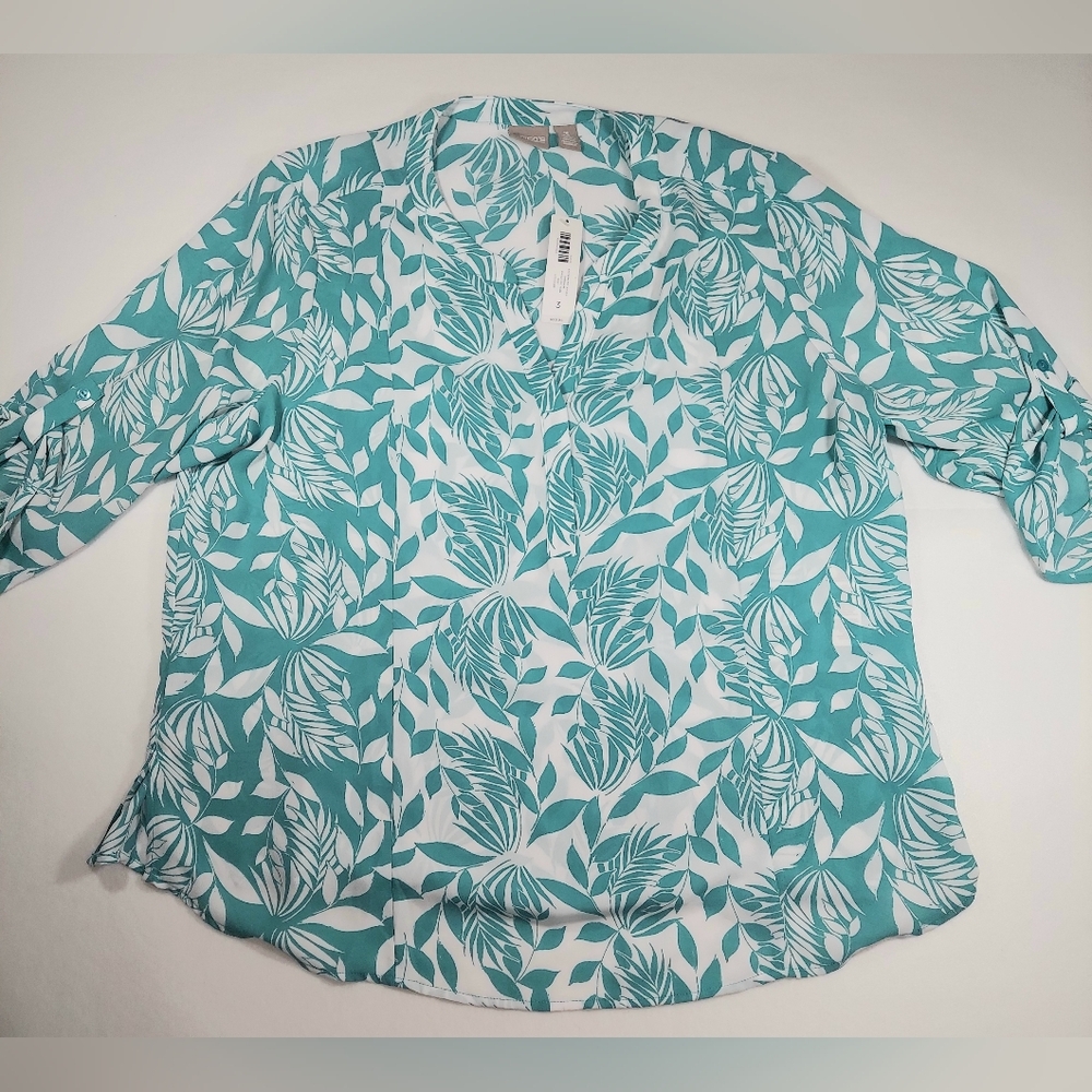 NWT Chico’s Sz 3 AMAZING Blouse 3/4 Sleeve Shannon EASTERN MIX Leaves Reef - Picture 1 of 8
